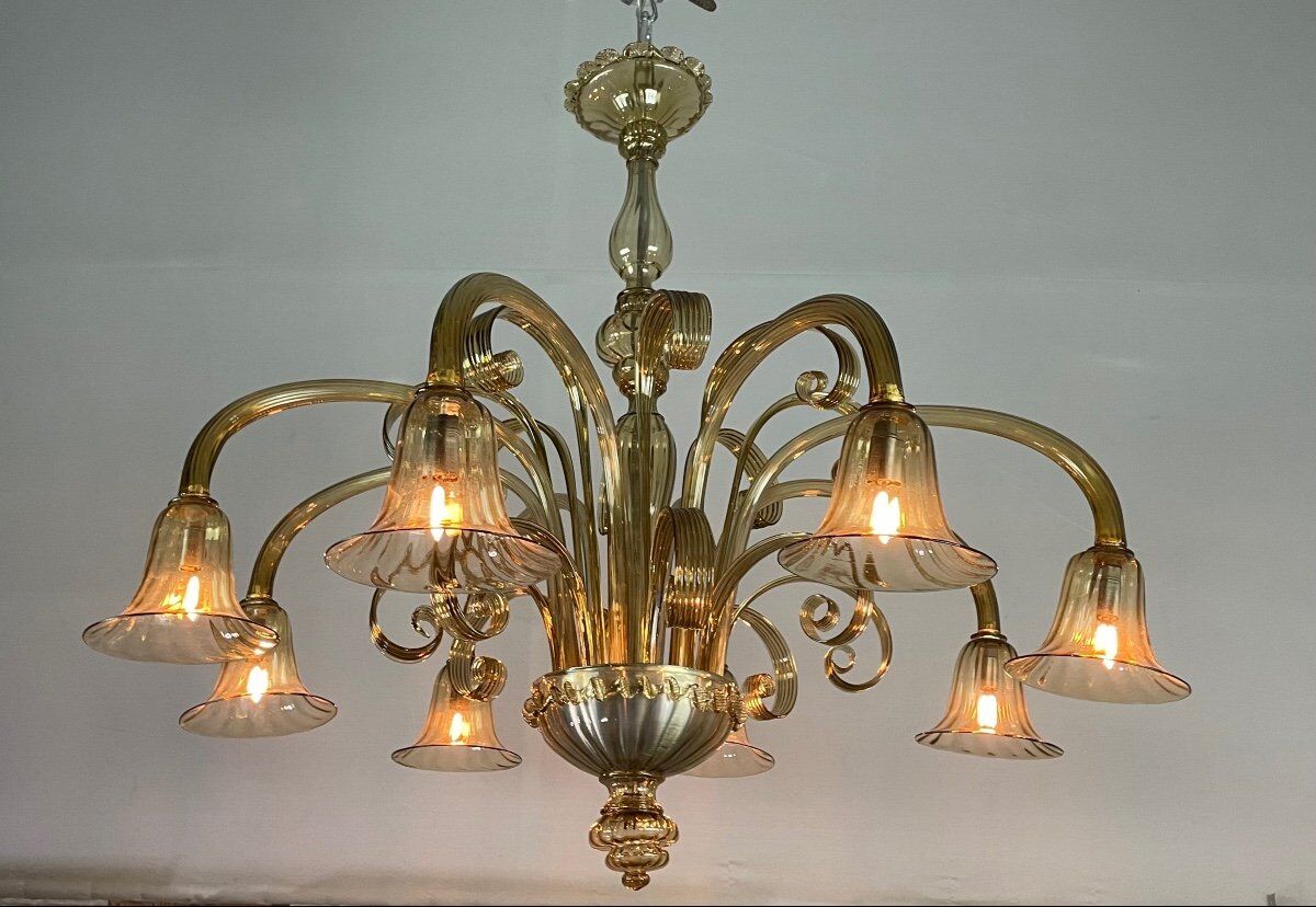 Venetian chandelier in golden murano glass, 8 arms of light