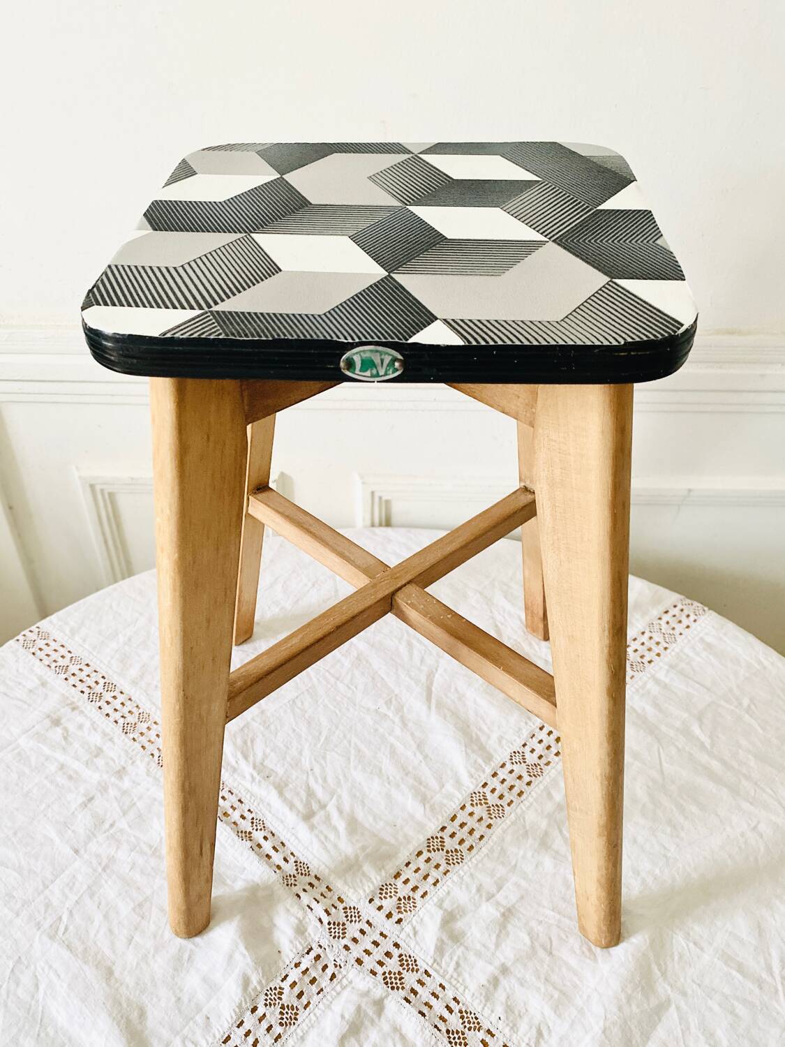 Vintage LV brand wood and formica stool from the 1950s