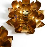 Pair of 70's gilded floral Regency wall or ceiling lamp with large leaves