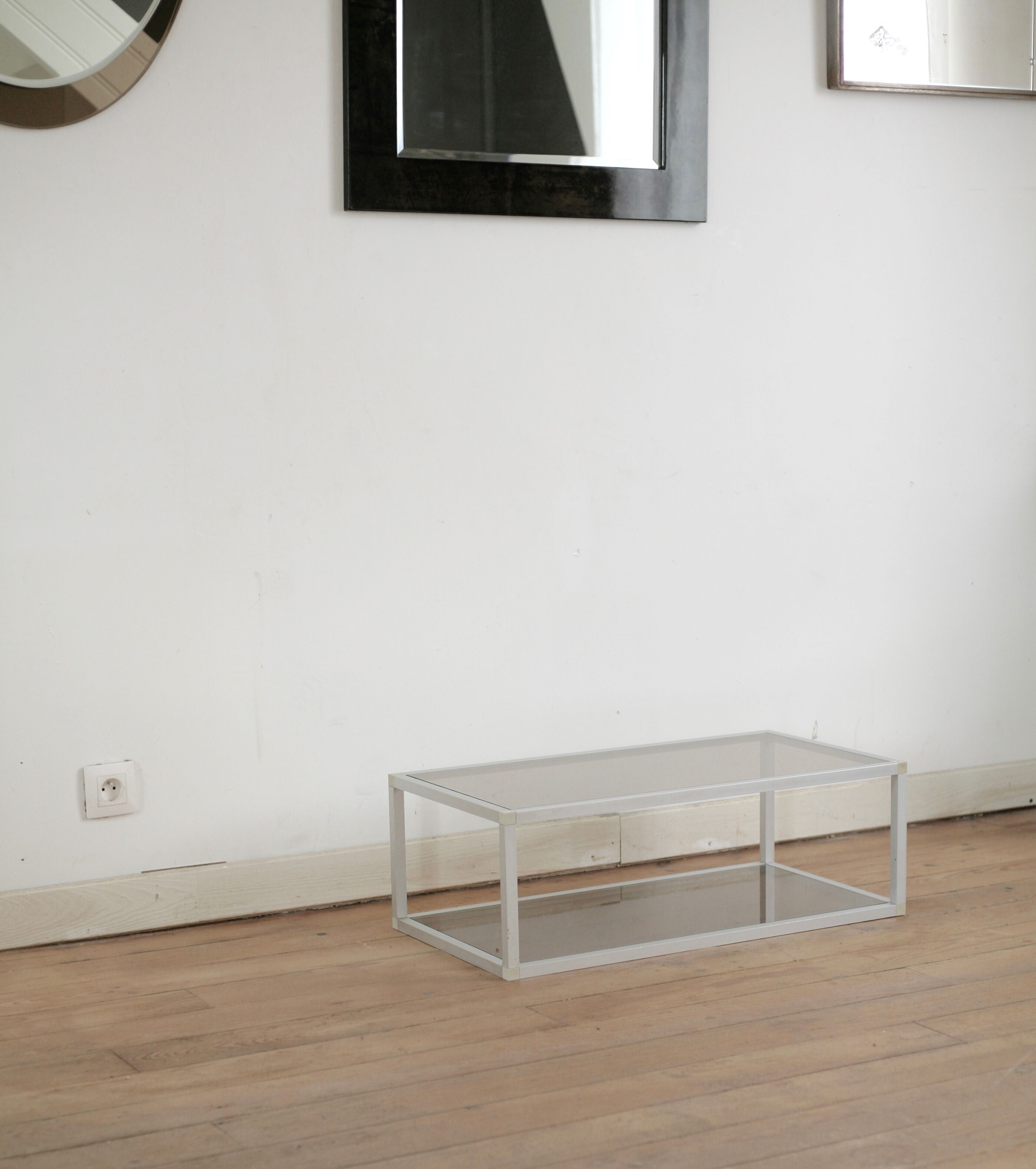 Aluminium coffee table and smoked glasses, France, circa 1980