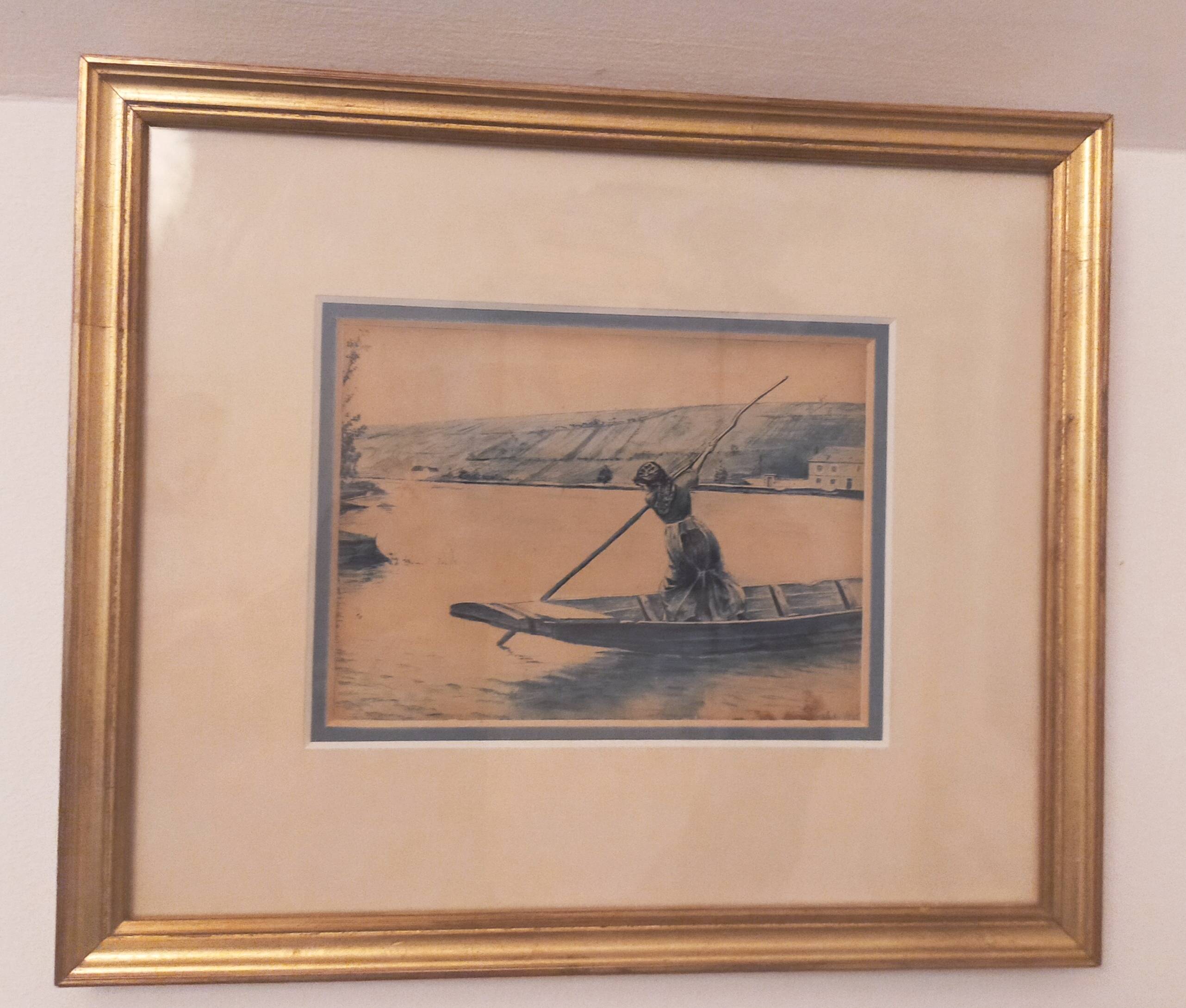 Framed signed watercolor marine landscape