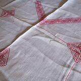 Nappe et serviettes anciennes lin fin blanc broderies rouge