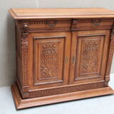 Henri II style double body in worked oak, original leaded stained glass windows