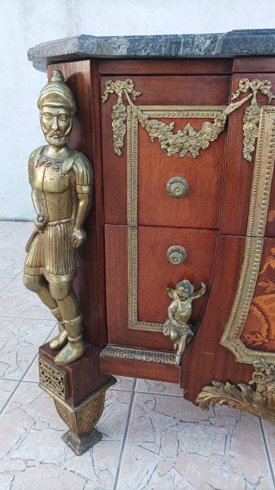 Louis XVI style commode in beech, bronze and marble.