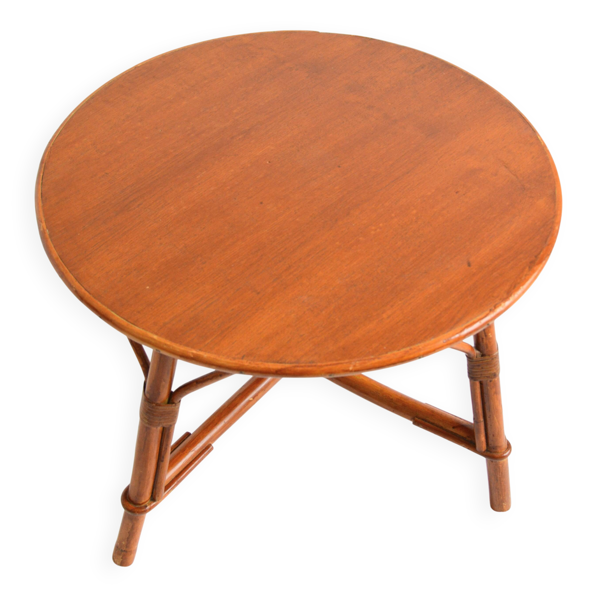 Vintage 1960s round wood and rattan coffee table