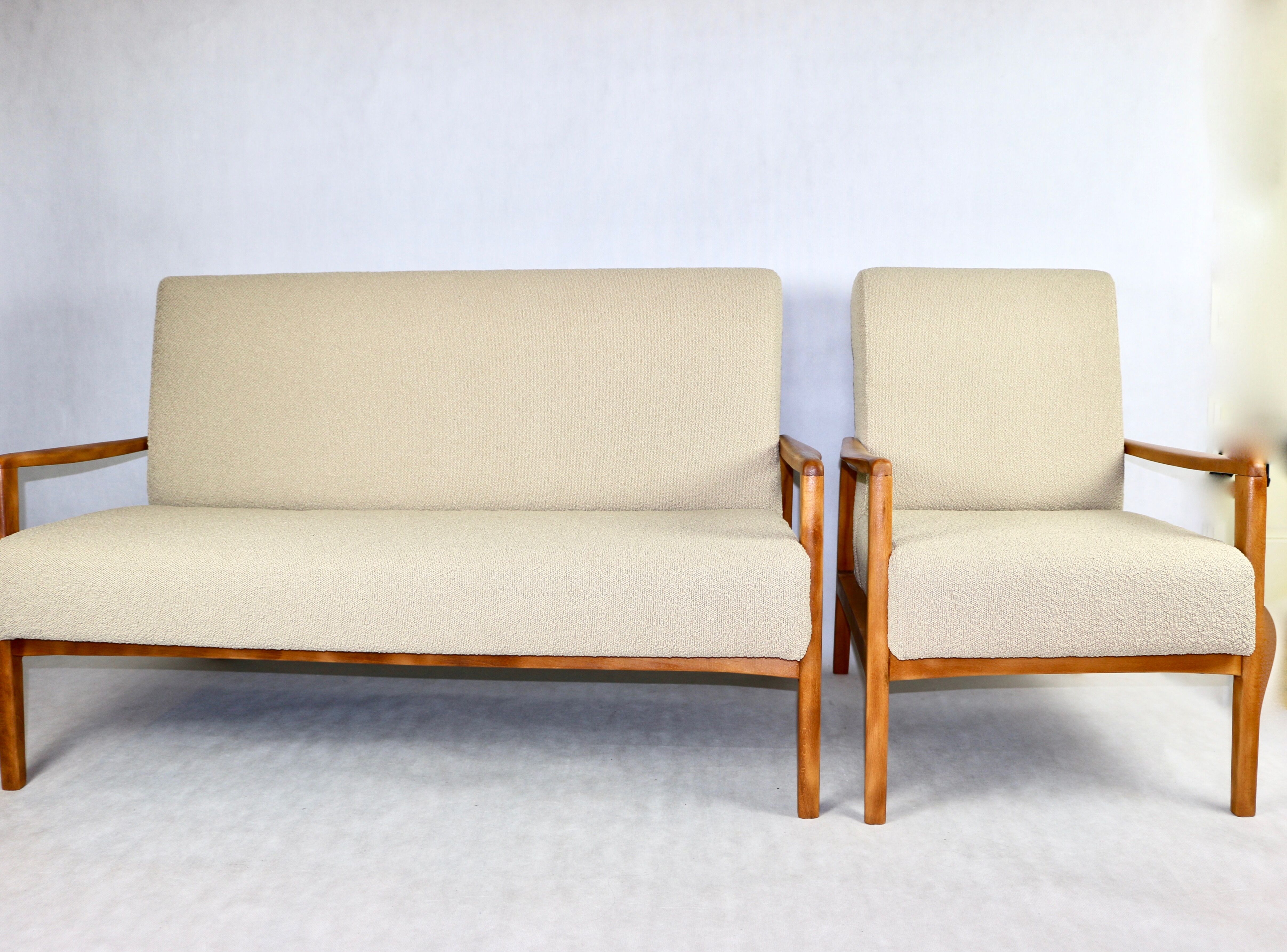 Set of vintage beige boucle sofa and armchair, 1970s
