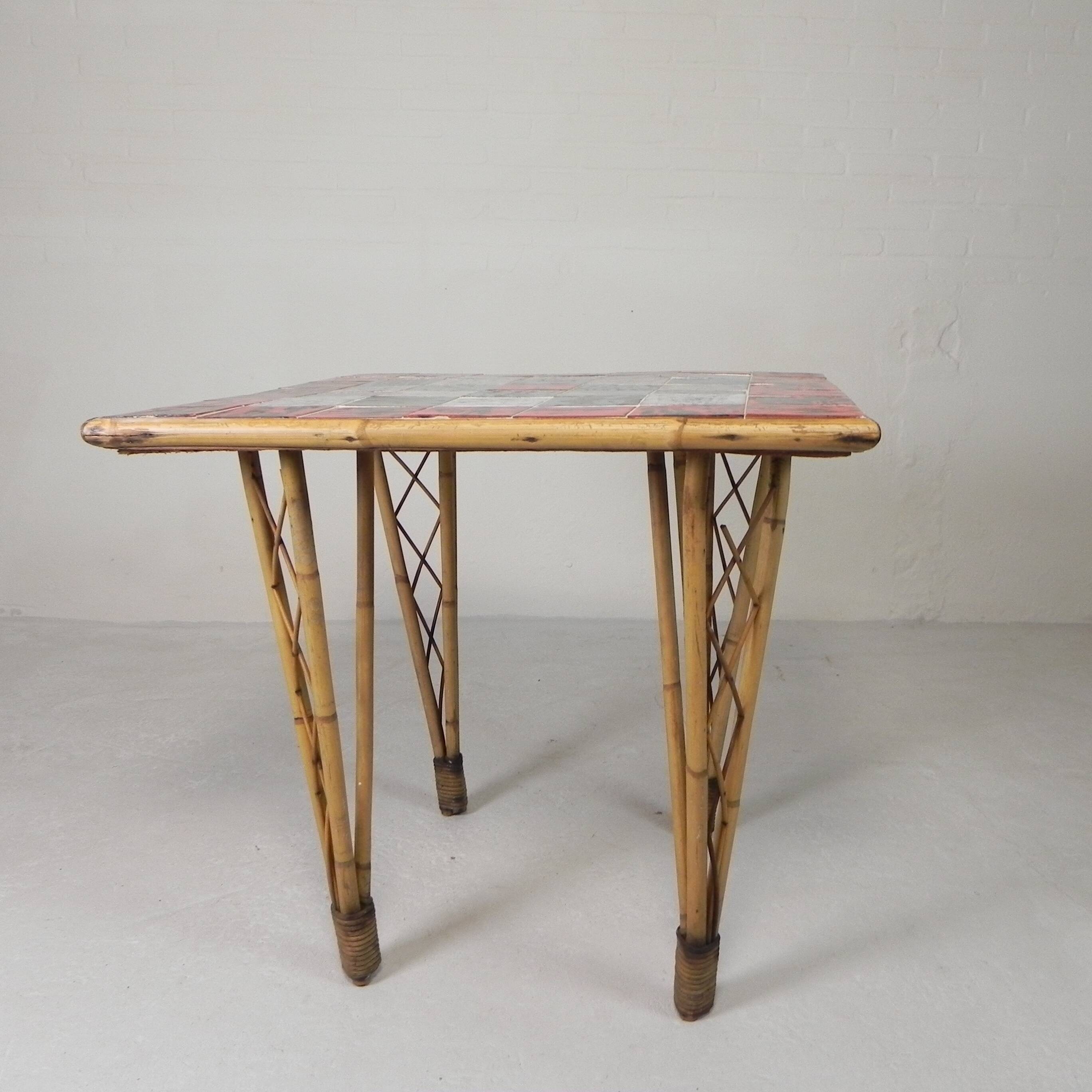 Vintage bamboo dining table with red, white and blue checks, 1950s