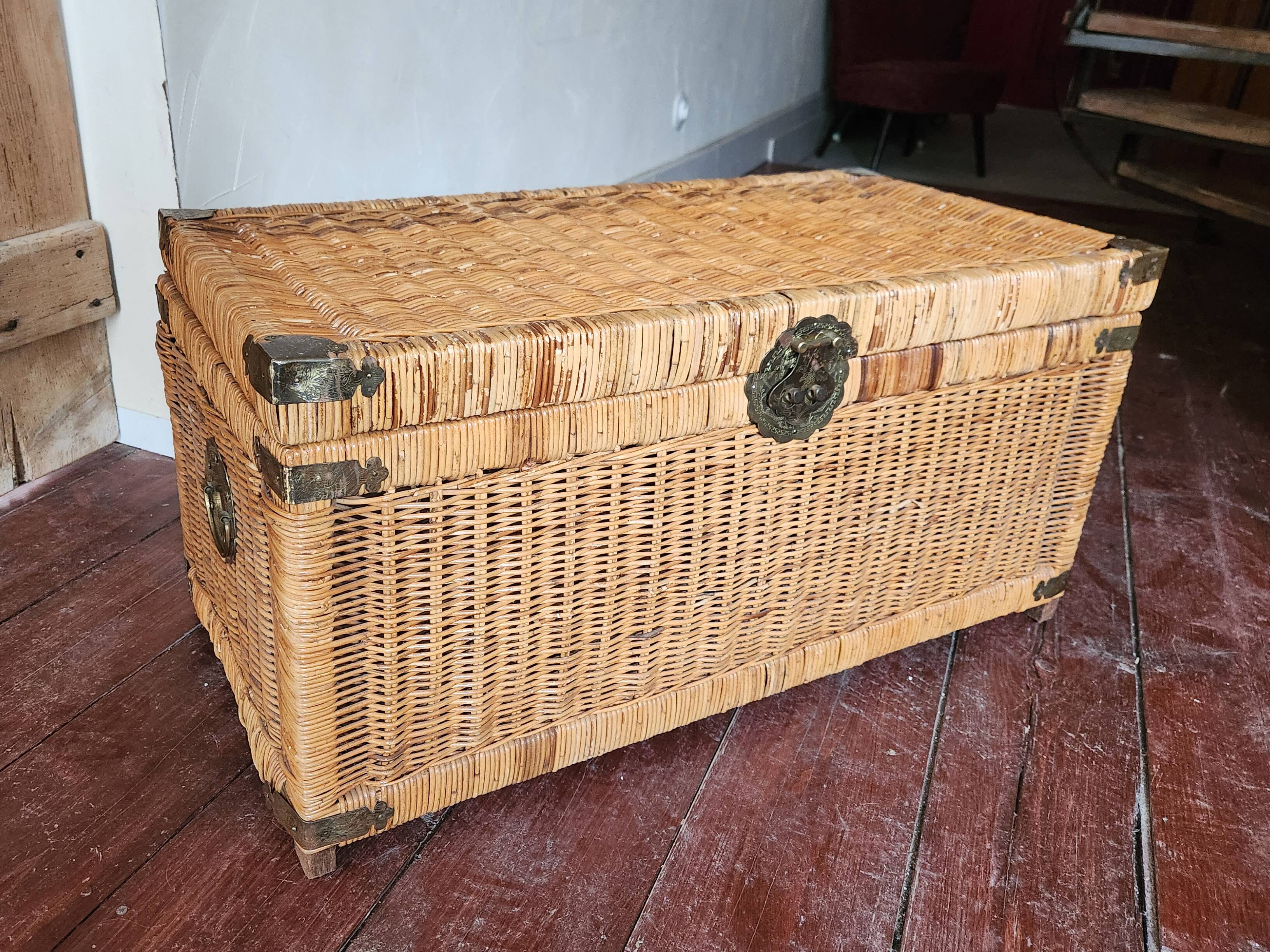 Antique vintage wicker trunk with brass fittings