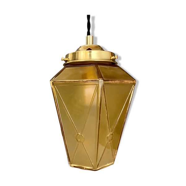 Suspension globe vintage art deco en verre jaune et doré