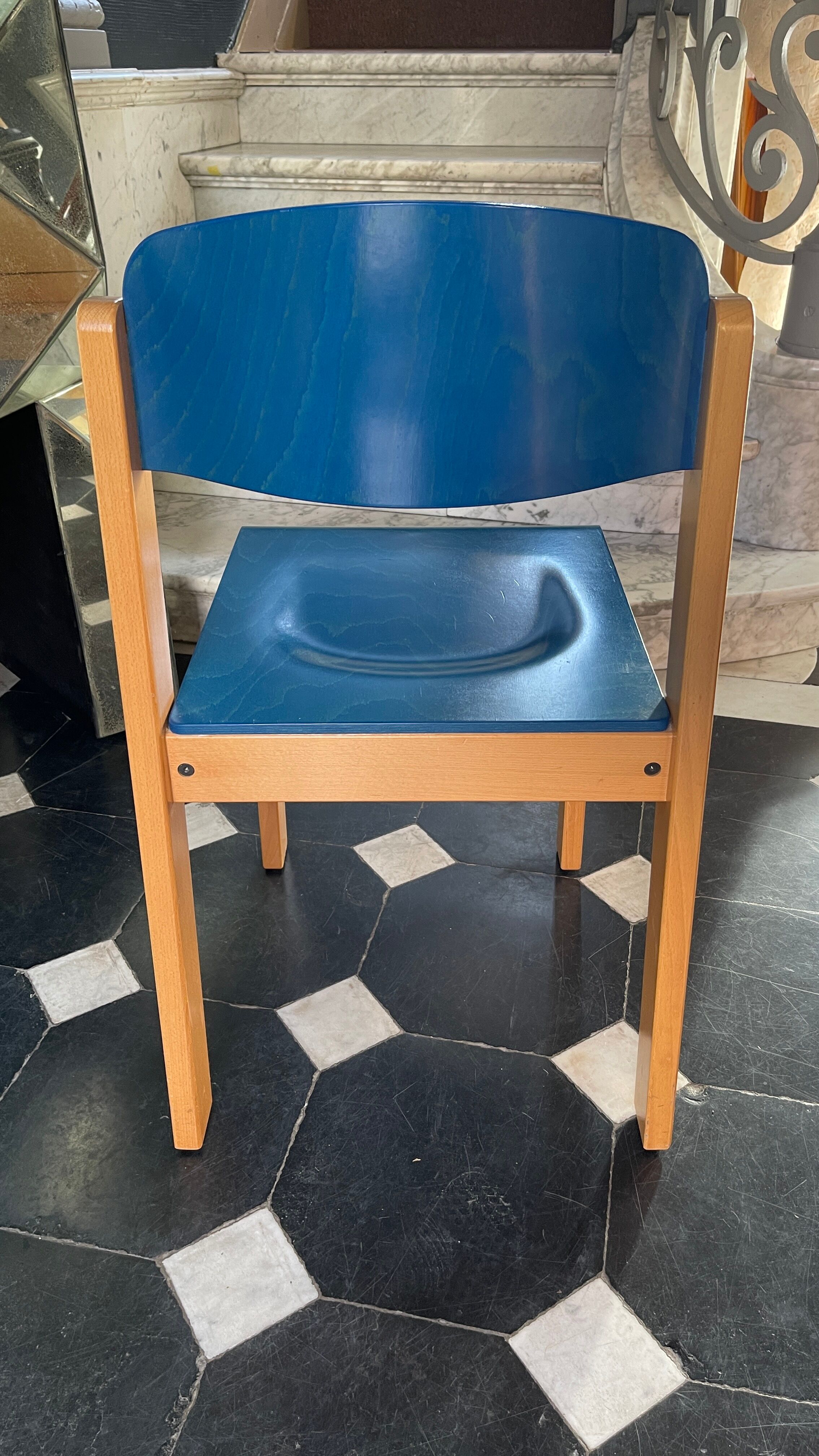 Series of 6 stackable vintage chairs, italian design, blue tinted beech, ca 1980