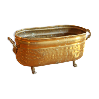 Brass jardiniere, brass planter, boho-style, vintage from the 1960s, with lions feet