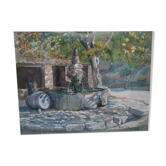 Puyméras fontaine et lavoir . Paul Marcel Chabrier . Aquarelle et gouache .