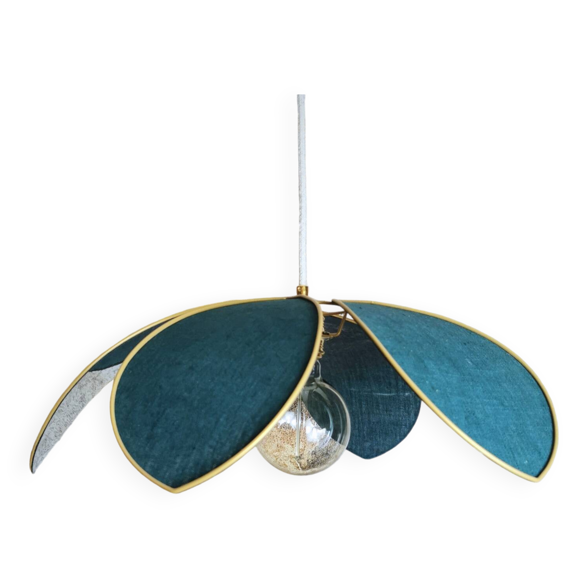 Flower suspension with metal structure and peacock blue linen petals
