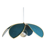 Flower suspension with metal structure and peacock blue linen petals