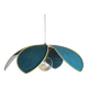 Flower suspension with metal structure and peacock blue linen petals