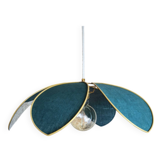 Flower suspension with metal structure and peacock blue linen petals