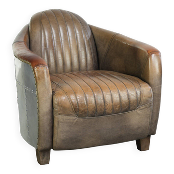 Sturdy cowhide aviator design club armchair with a unique aluminium finish