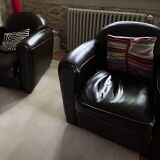 Pair of brown leather club armchairs