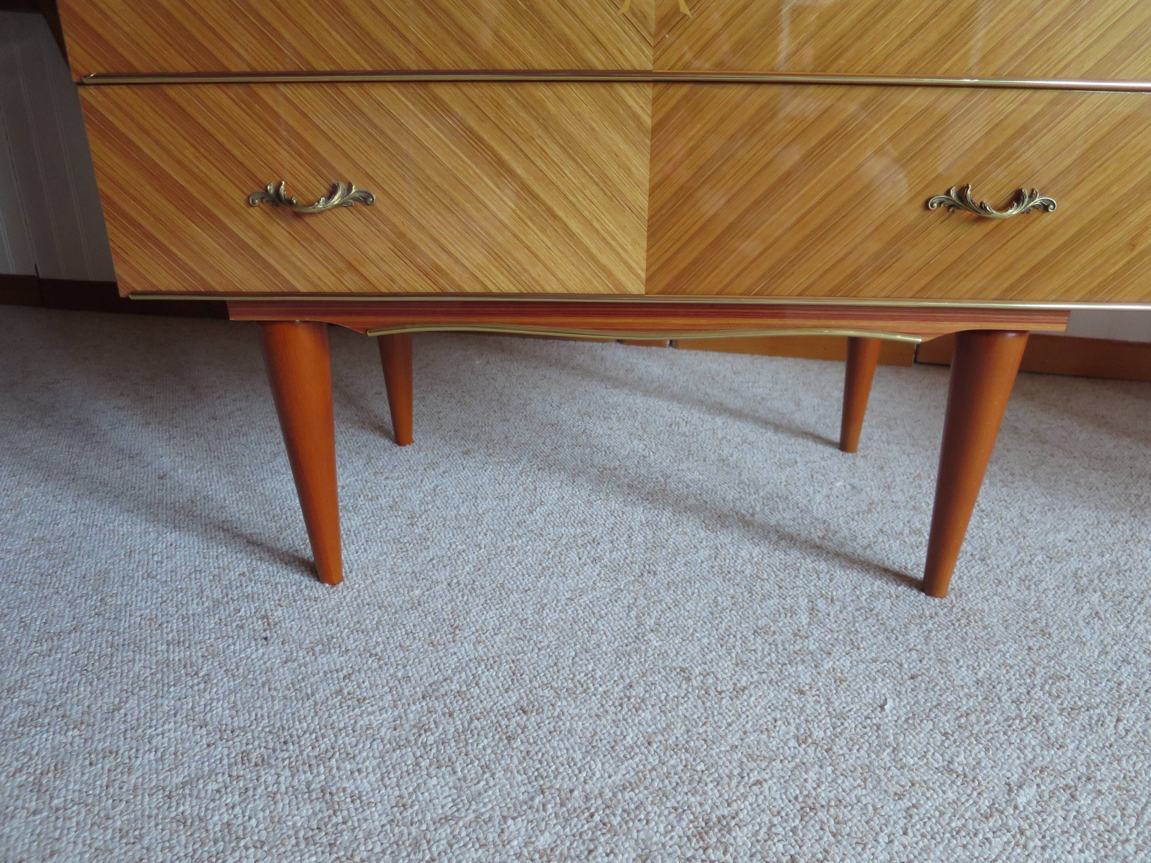 3-drawer chest of drawers - 60s - vintage - marquetry effect - spinning top feet