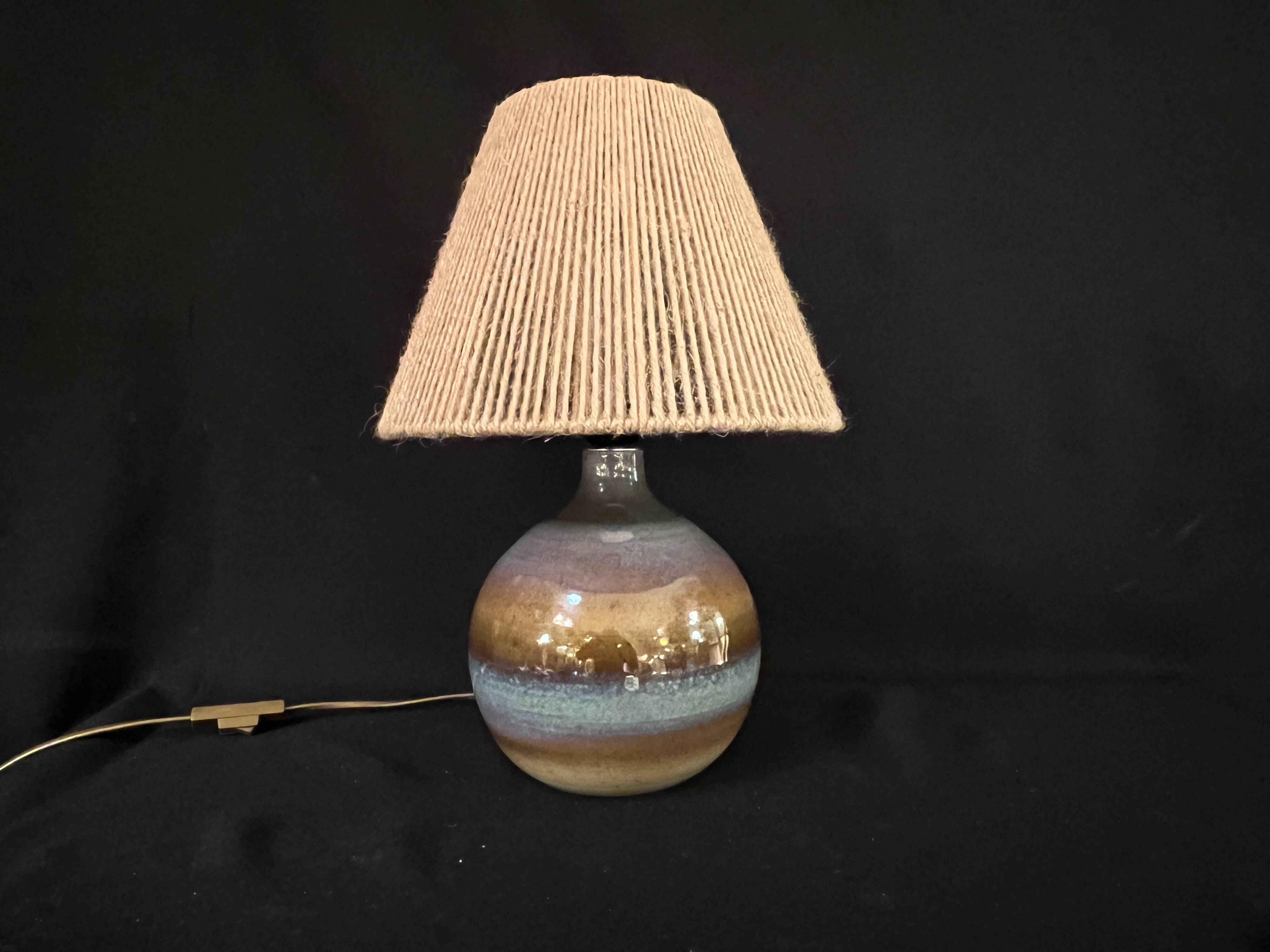 Vintage stoneware ceramic lamp signed JM, 1970s/80s, bohemian raffia rope lampshade