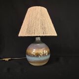 Vintage ceramic stoneware lamp signed JM 70s 80s bohemian raffia rope lampshade