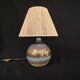 Vintage stoneware ceramic lamp signed JM, 1970s/80s, bohemian raffia rope lampshade