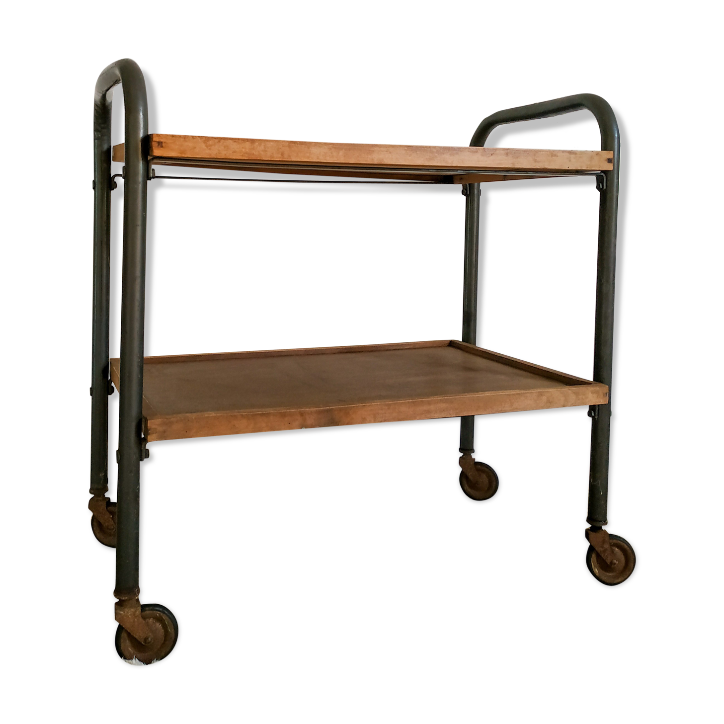 Serving table on metal wheels and antique wood