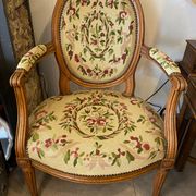 Louis XVI style medallion armchair with floral needlepoint tapestry
