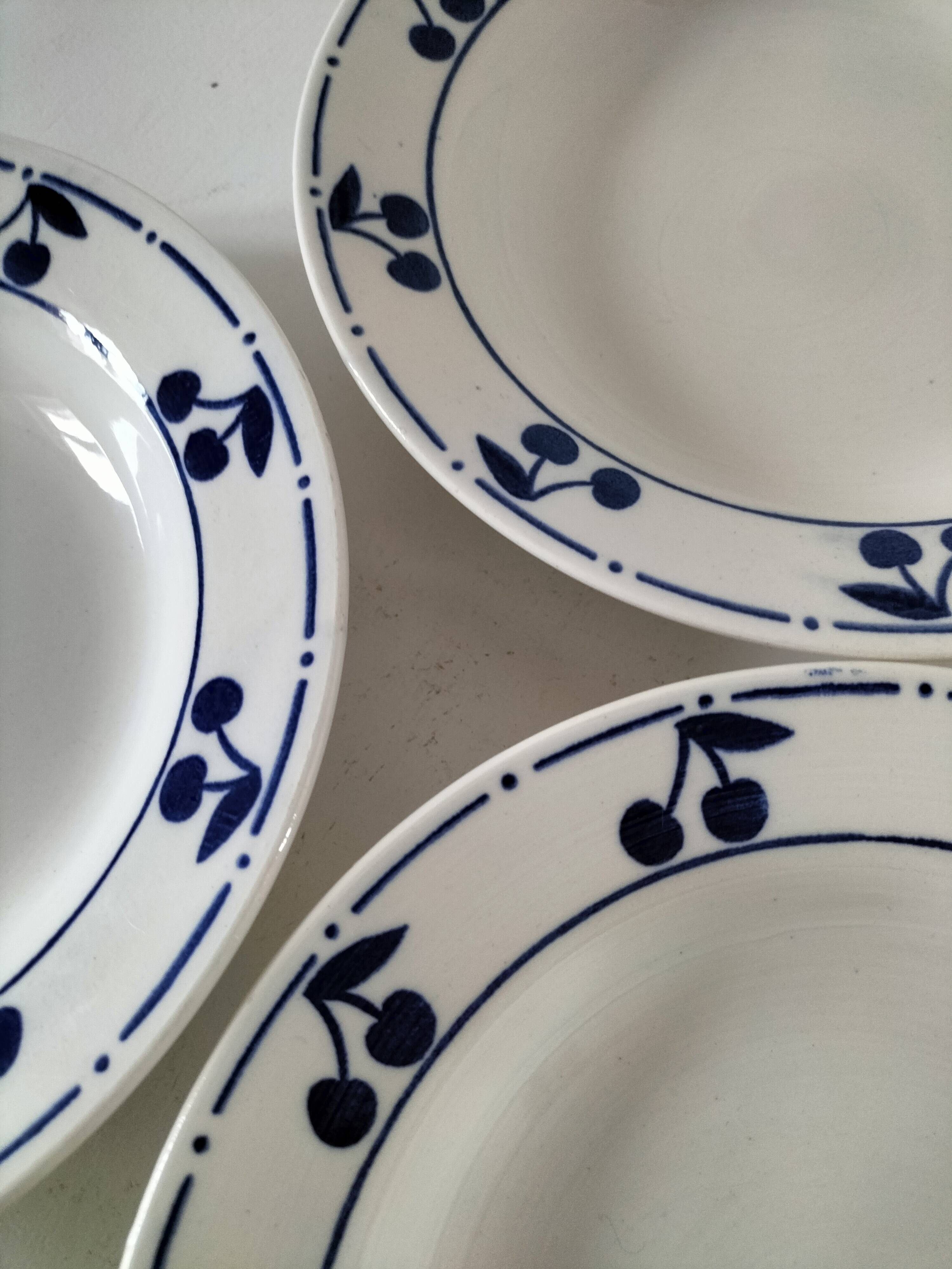 Set of 4 antique soup plates – “Blue Cherries” design – 1950s