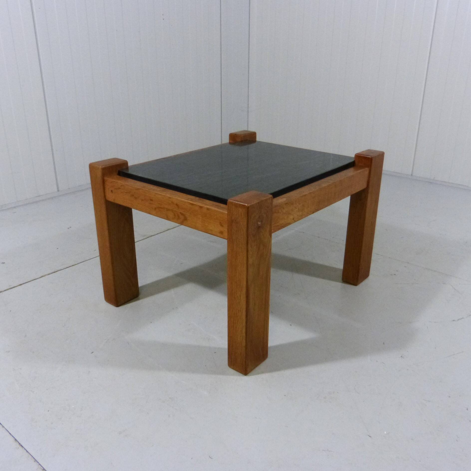 Brutalist coffee side table in oak & natural stone 1970's