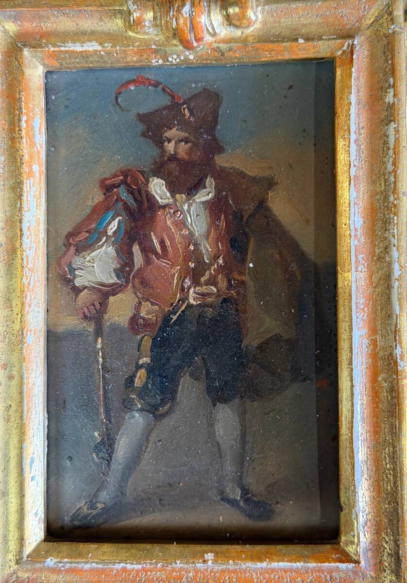 Pair of portraits of Italian bandits, oil on panels, gilded frames, circa 1880.