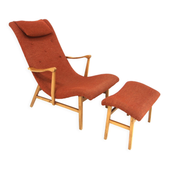 Scandinavian beech armchair and footrest, Sweden, 1960