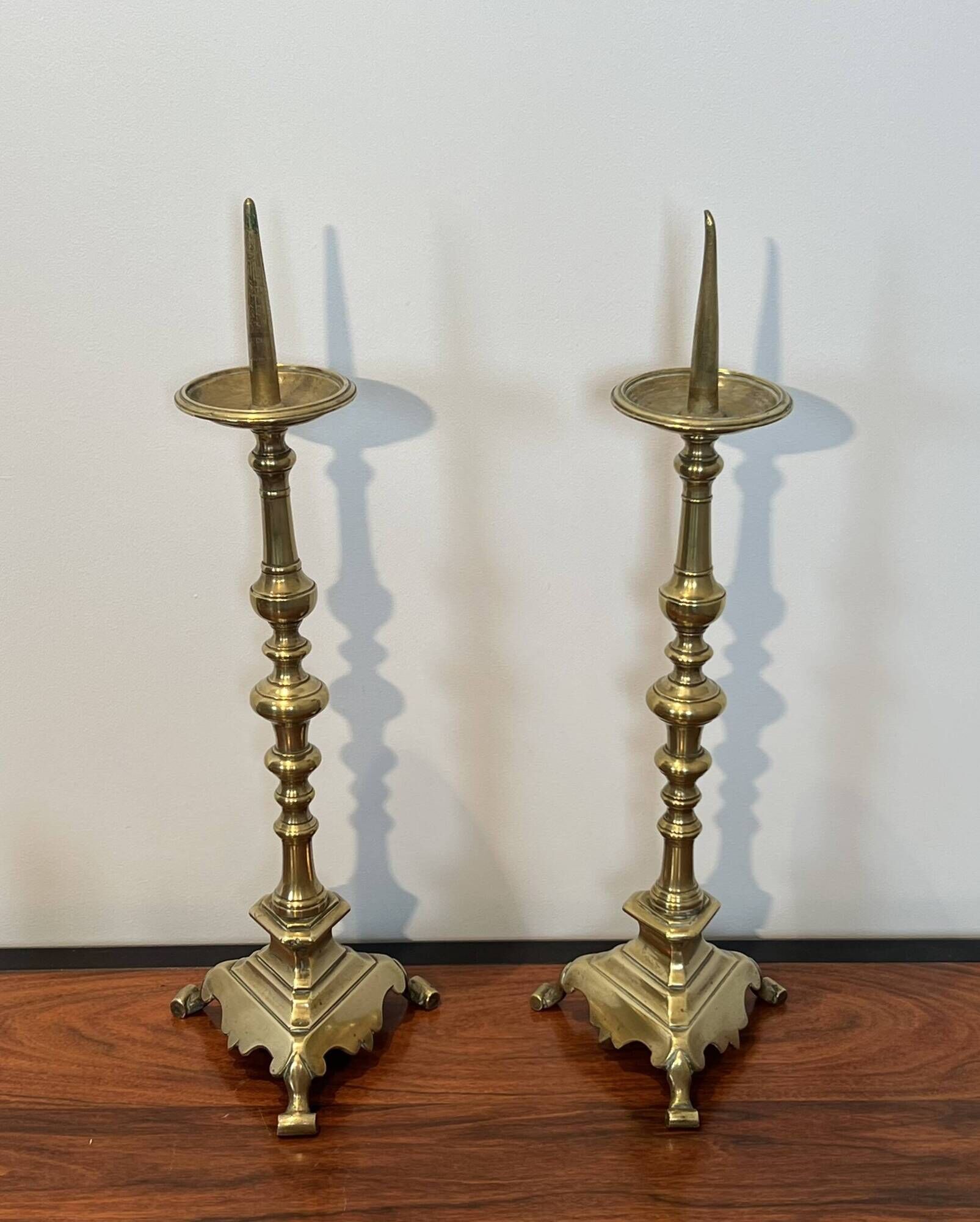 Pair of Large Brass Altar Candlesticks with Baluster Shaft and Tripod Base
