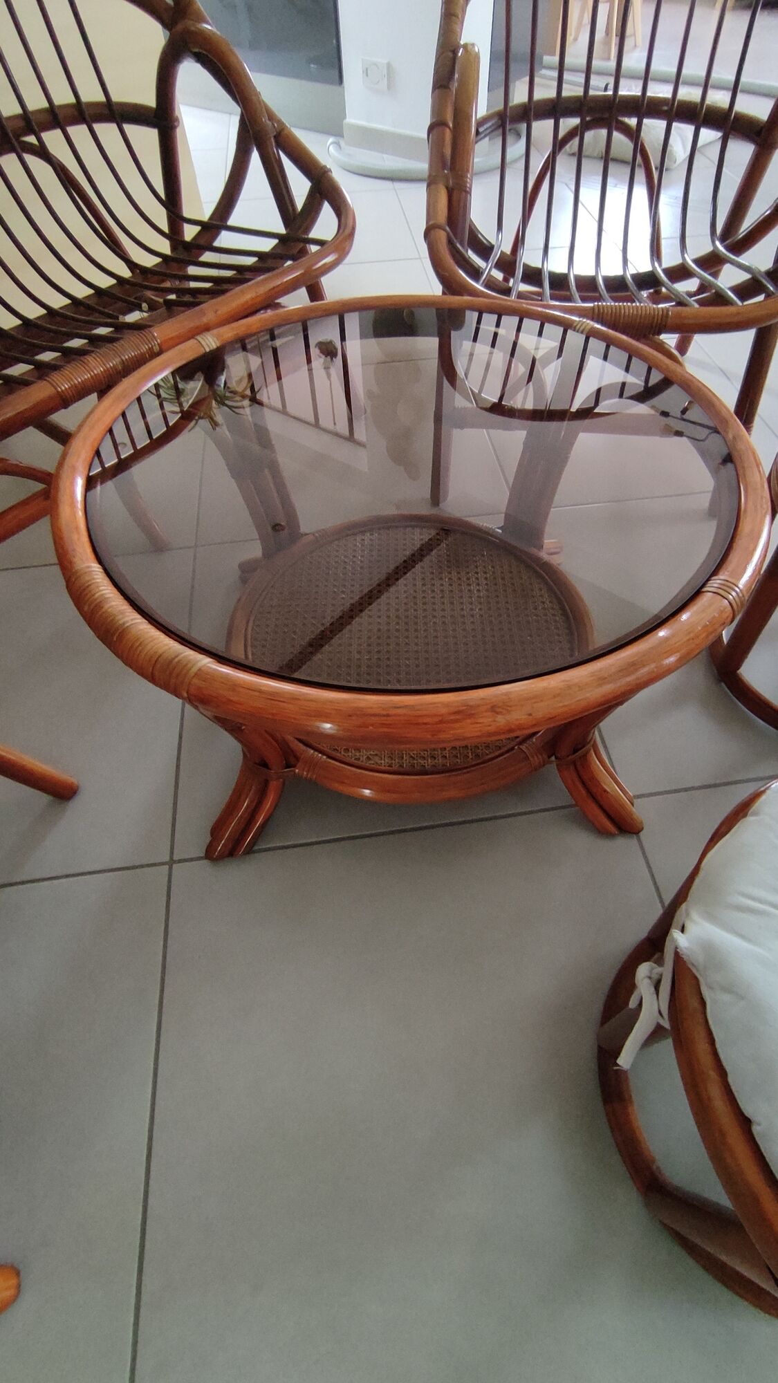 Sofa armchairs and coffee table in vintage rattan of six pieces