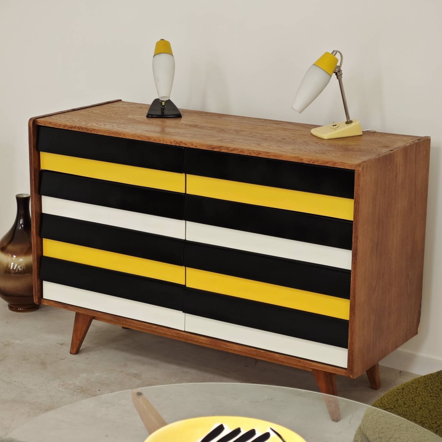 U453 yellow 8-drawer wooden sideboard by Jiri Jiroutek for Interier Praha 1960