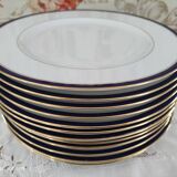 Lot 2 of 12 Limoges porcelain plates bordered midnight blue and gold