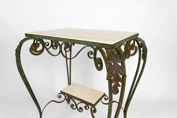 Desserte roulante art déco en fer forgé et travertin, france, 1940s