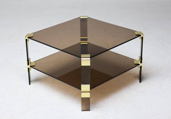 Table basse Hollywood Regency en verre fumé – Construction modulaire en laiton