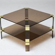 Table basse Hollywood Regency en verre fumé – Construction modulaire en laiton