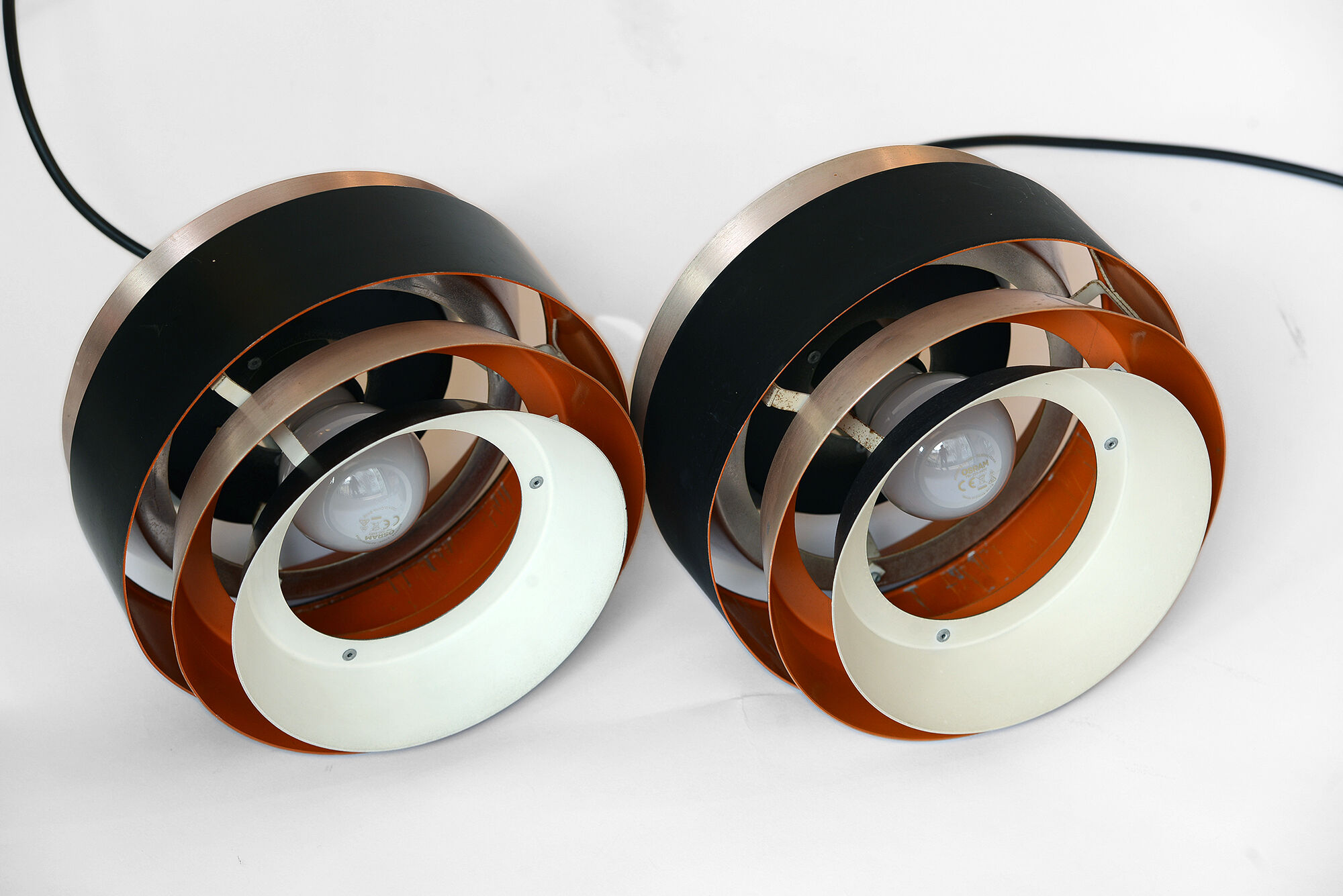 Pair of layered pendant lights in brushed aluminum. Denmark 1960s