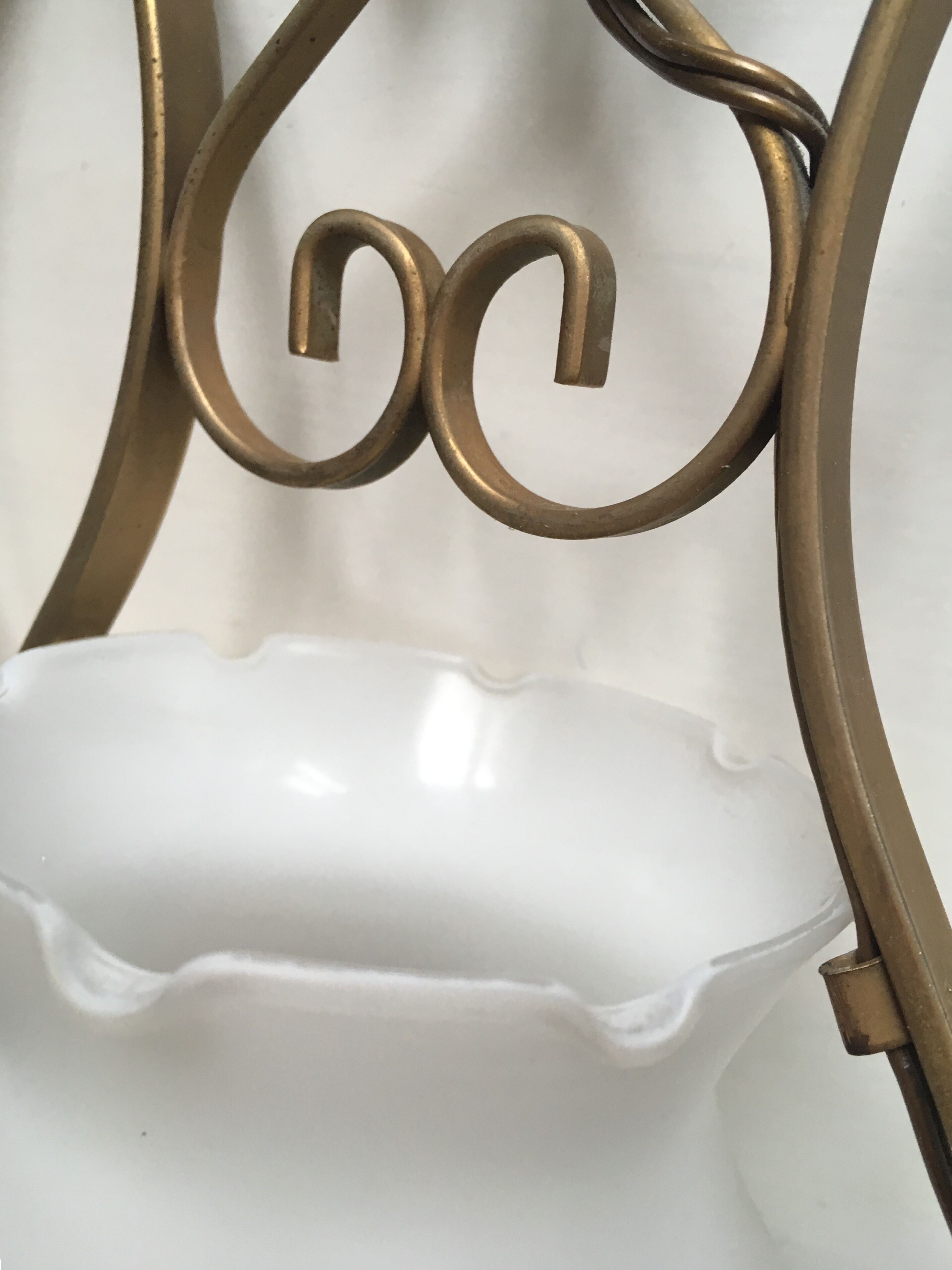 Pair of white tulip and brass pendant lamps