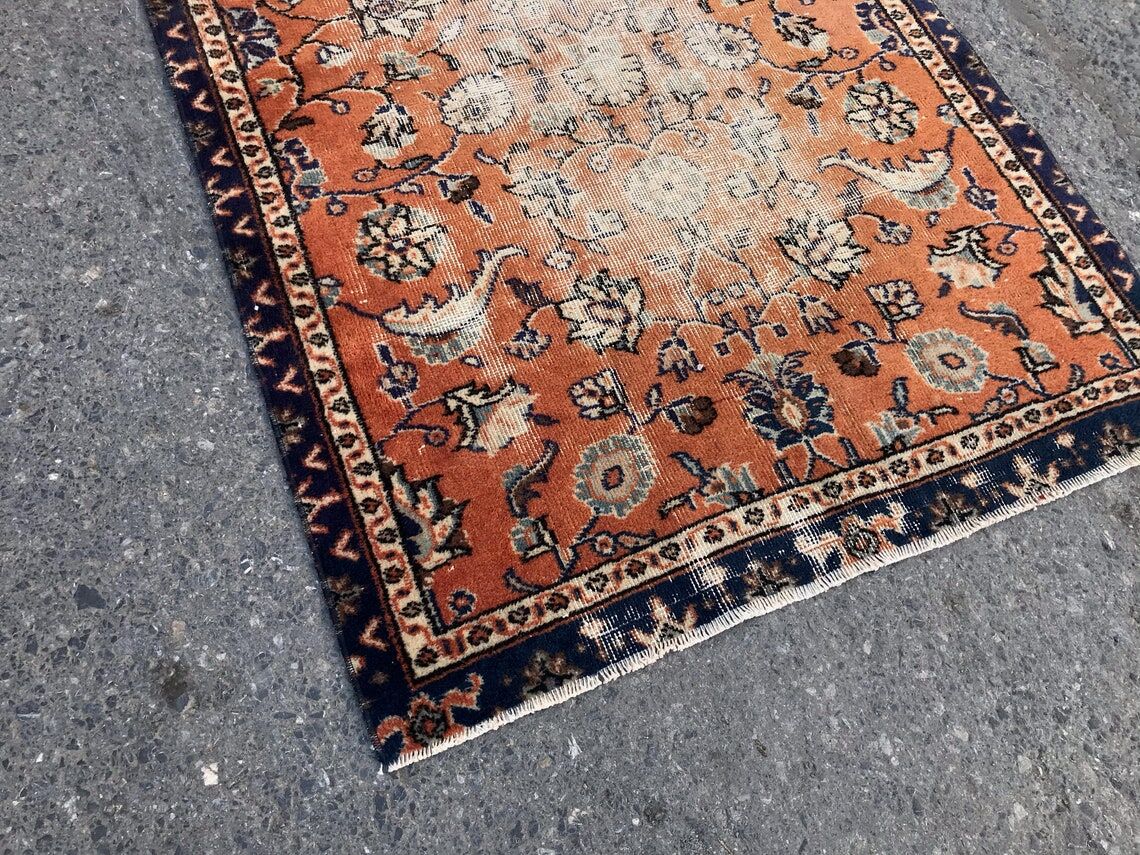 Orange and Blue Handmade Oushak Rug with Flowers