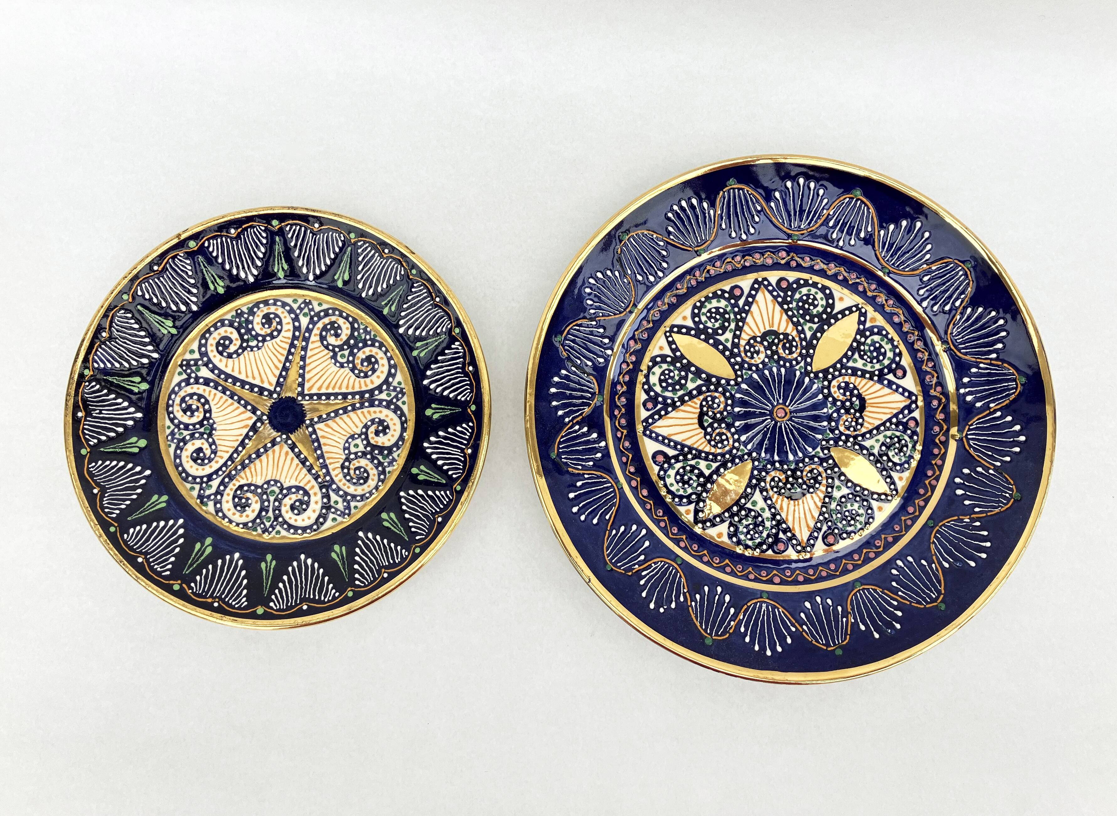 2 enamelled earthenware plates signed HB Quimper • Embroidery or beaded decoration by Pierre Poquet in relief