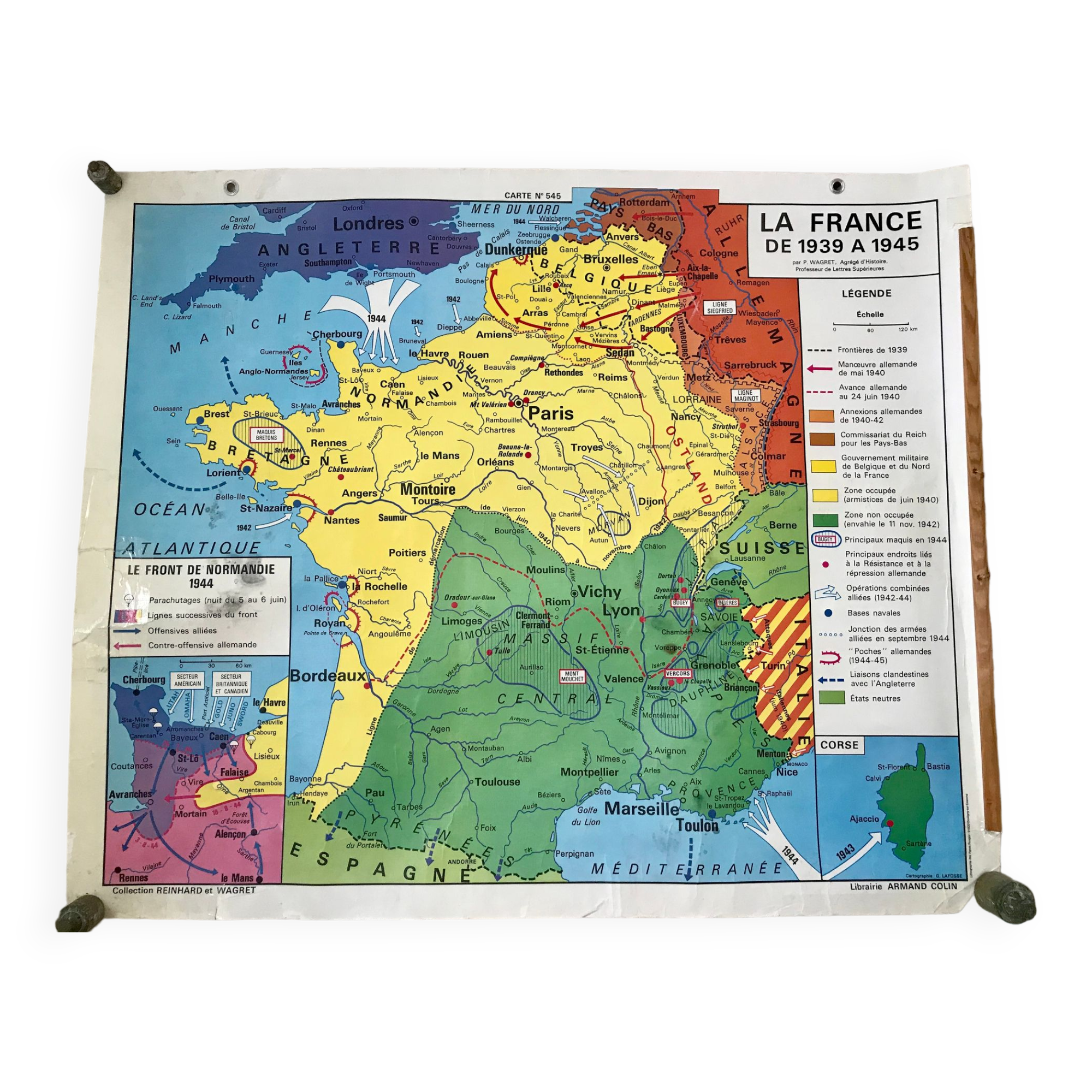 school map Librairie Armand Colin Reinhart and Wagret The France of 1939-1945 vintage 1970