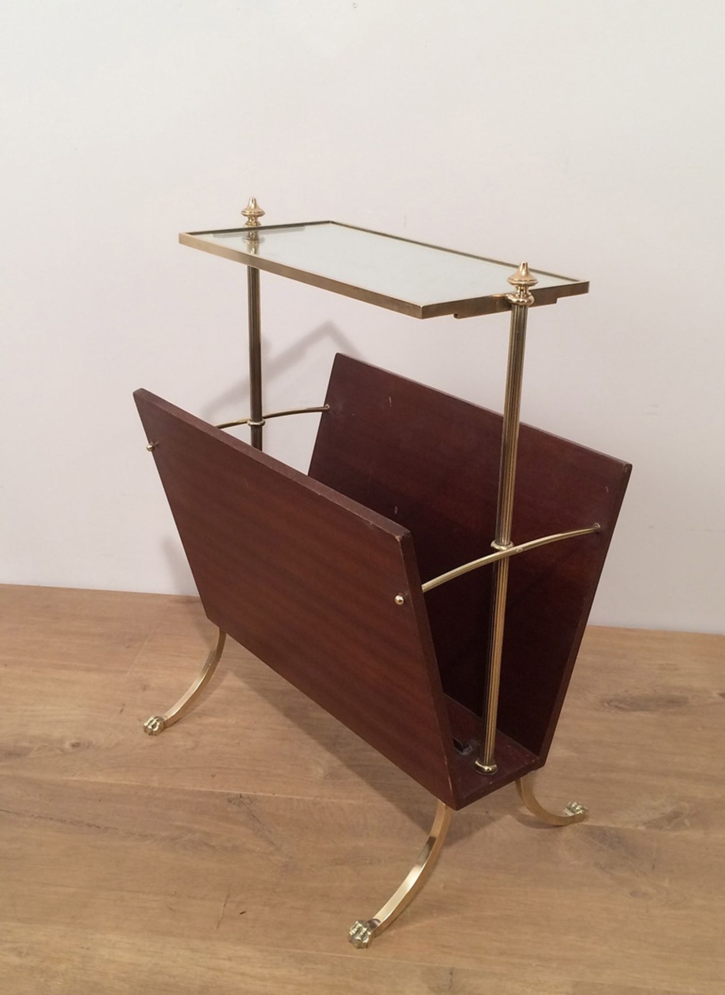 Neoclassical magazine rack in mahogany and brass