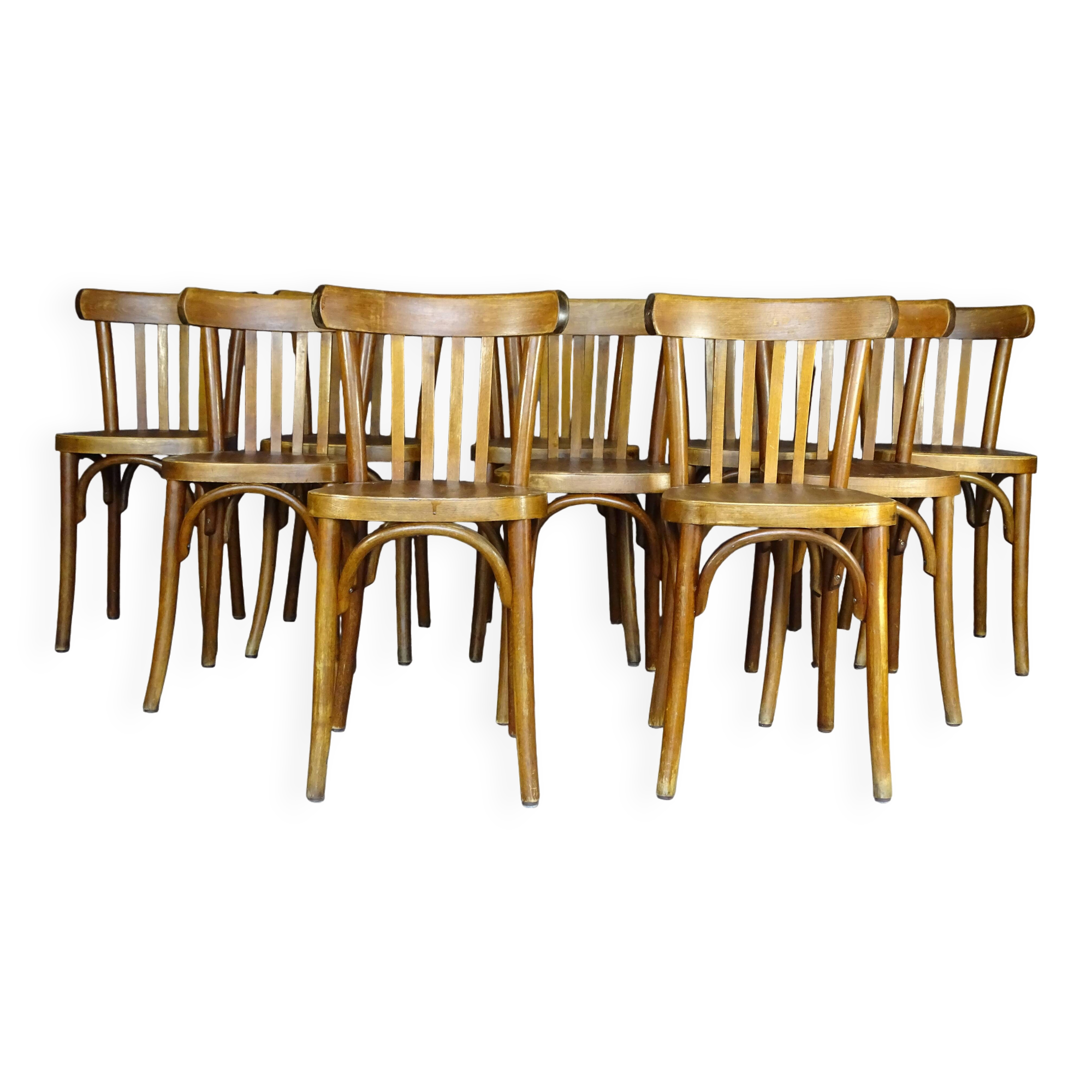 Set of 10 1960s curved wood bistro chairs ready for service