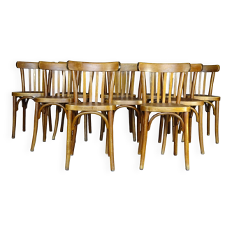 Set of 10 1960s curved wood bistro chairs ready for service