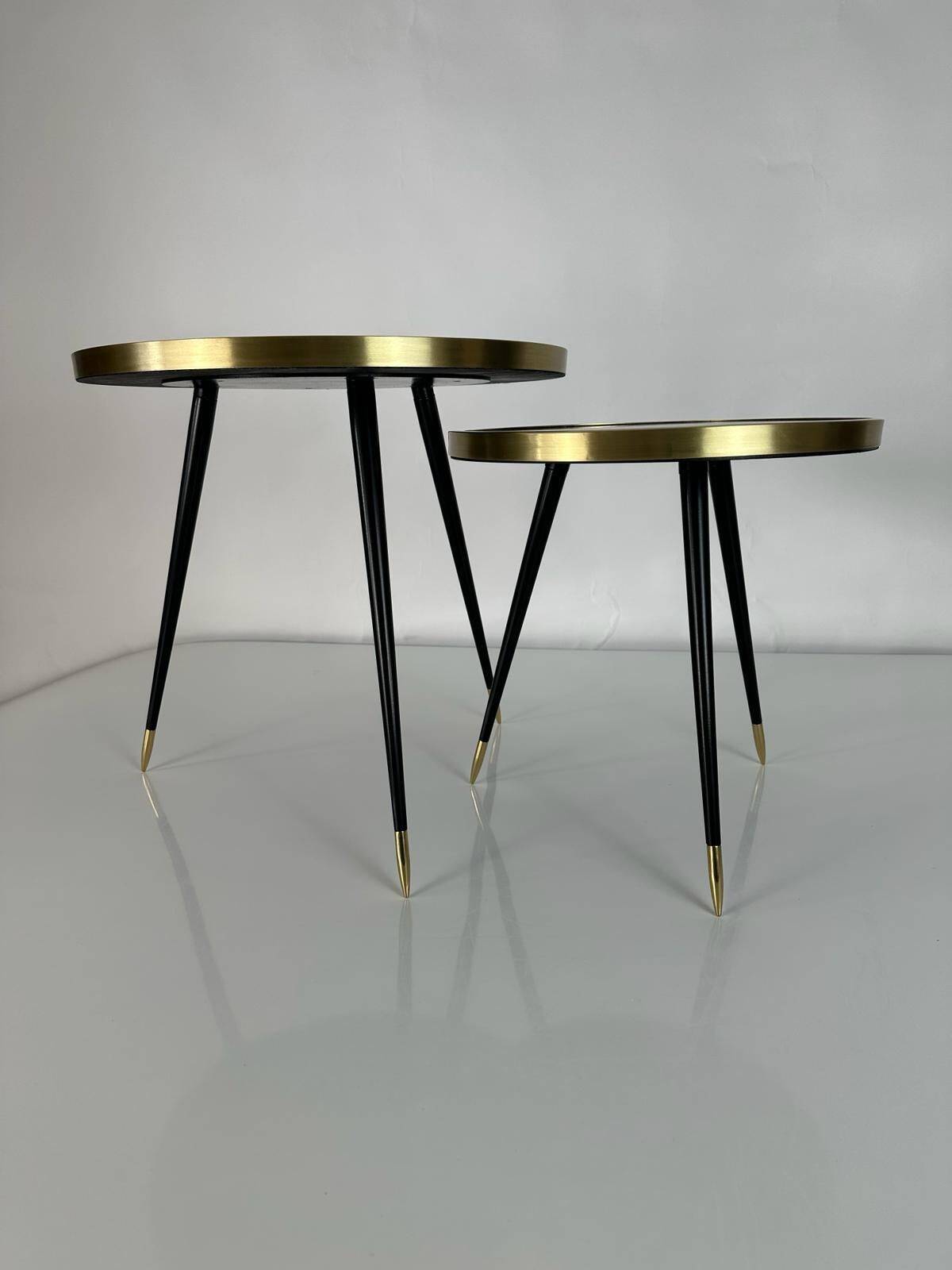 Rotating round table, aged mirror top and brass details, handmade, size S.