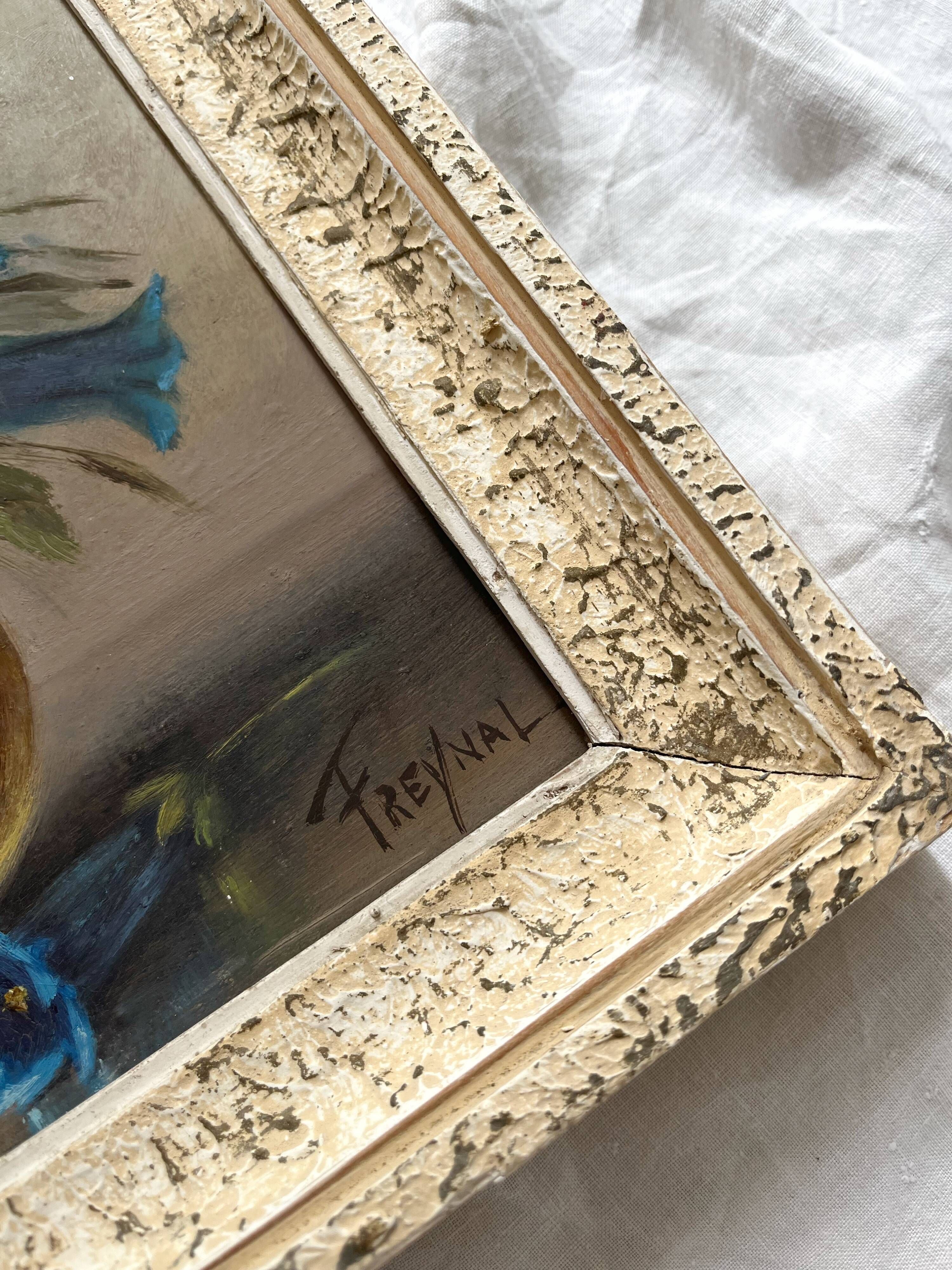 Old painting framed painting bouquet of blue flowers signed Freynal