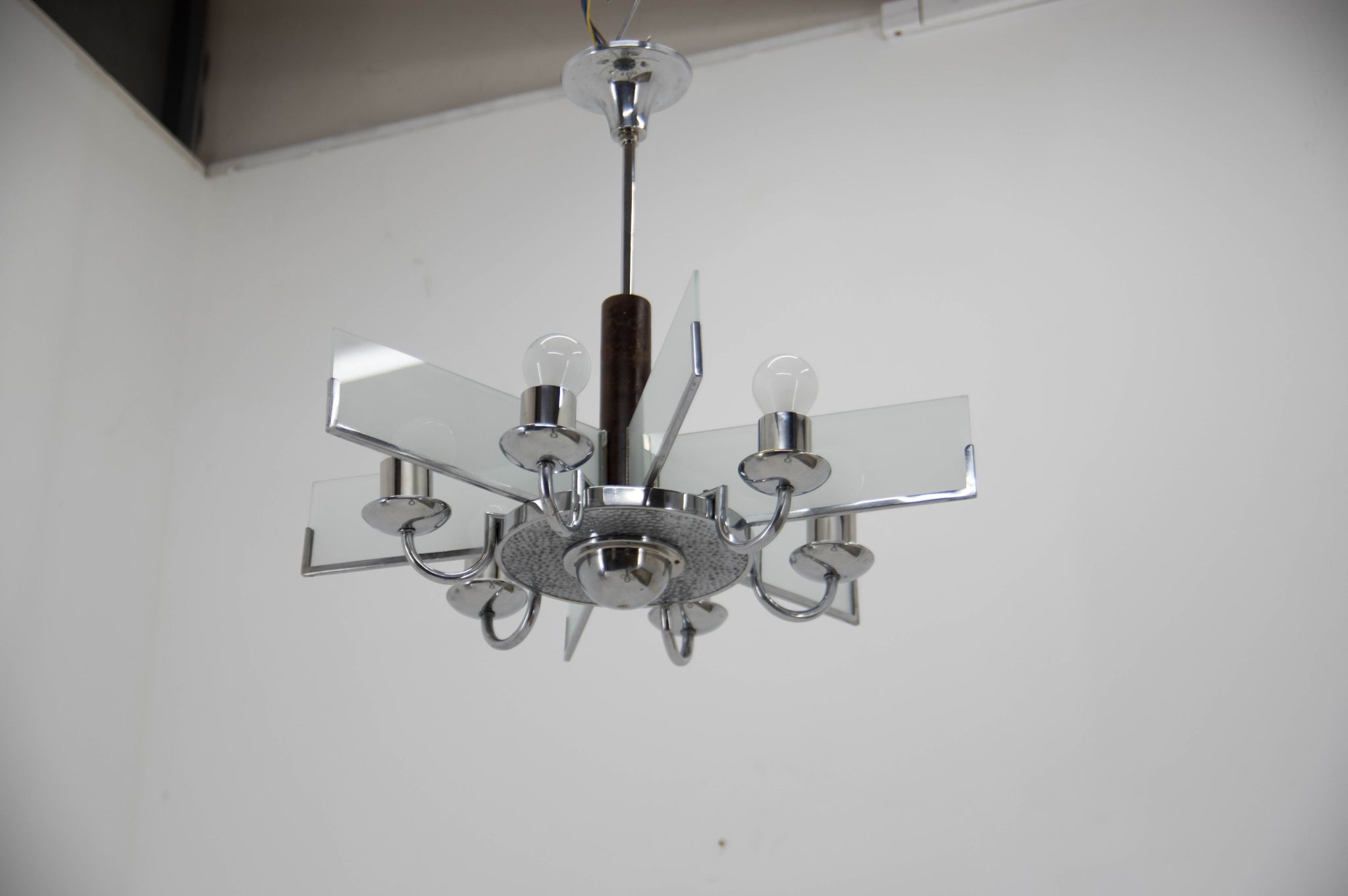 Art Deco Chandelier Made of Chrome, Wood and Sandblasted Glass, 1940s